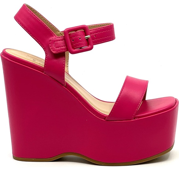 Square Toe Ankle strap Fuchsia chunky wedge platform Sandal - Picture 6 of 8